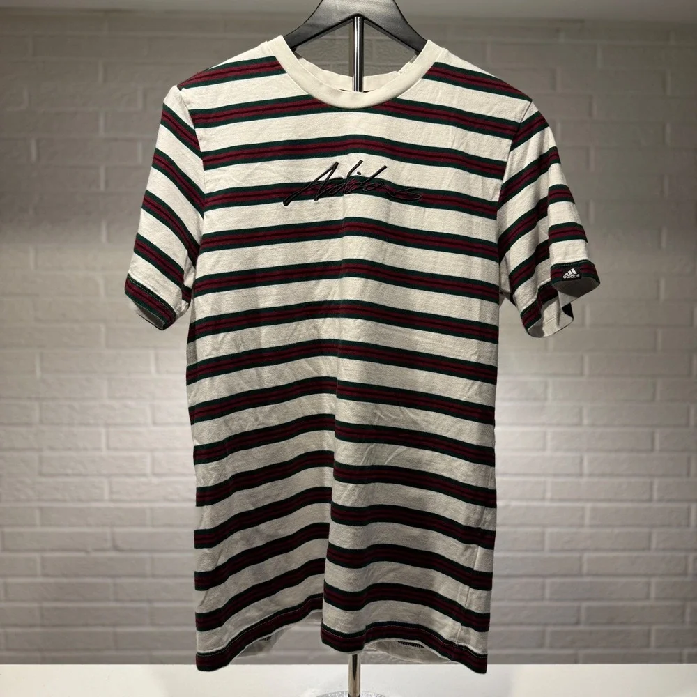 Adidas Striped T Shirt Mens M White Burgundy Green Embroidered Logo Cotton Blen